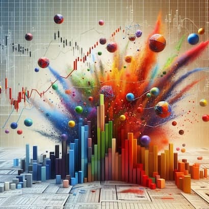 A picture of bar charts and line charts colliding together, spurting out colorful paint